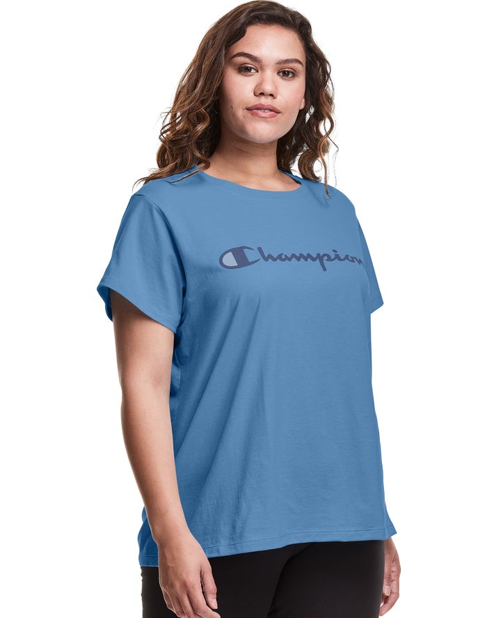 Champion Plus Classic Script Logo T-Shirt Dames - Blauw - Belgie 1420UGJKD